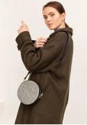 Фото Круглая фетровая женская сумка Таблетка с кожаными черными вставками