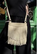Кожаная женская сумка с бахромой мини-кроссбоди Fleco светло-бежевая - Фото 2 