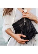 Фото Кожаная женская сумка с бахромой мини-кроссбоди Fleco черная