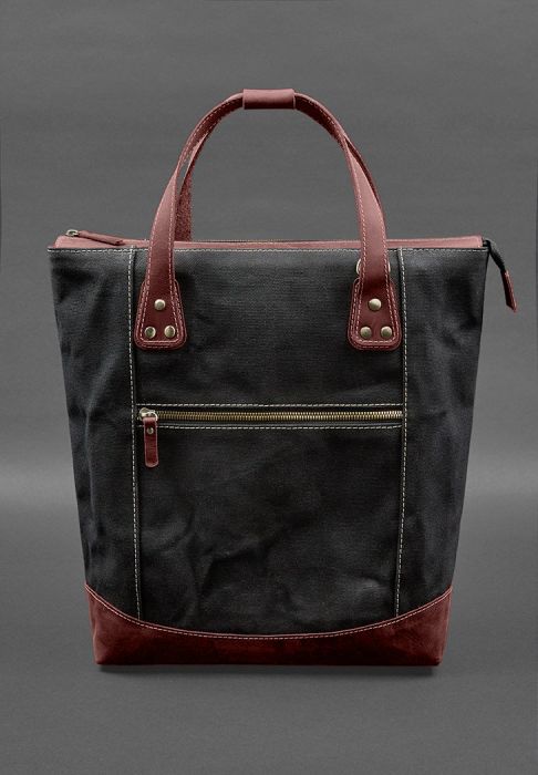Фото Сумка-рюкзак из канваса и натуральной бордовой кожи (BN-BAG-54-vin-kr)