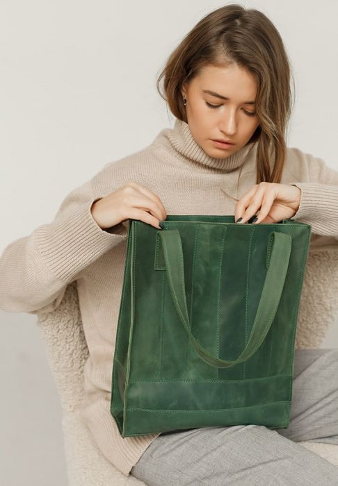 Фото Кожаная женская сумка шоппер Бэтси зеленая
