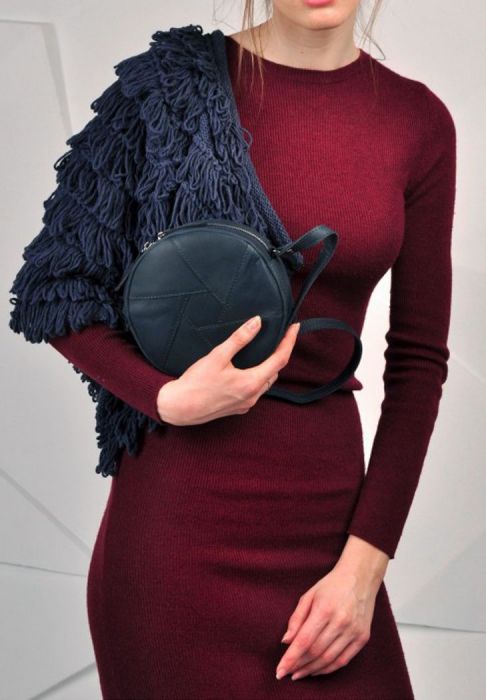 Кожаная круглая женская сумка Бон-Бон синяя Crazy Horse