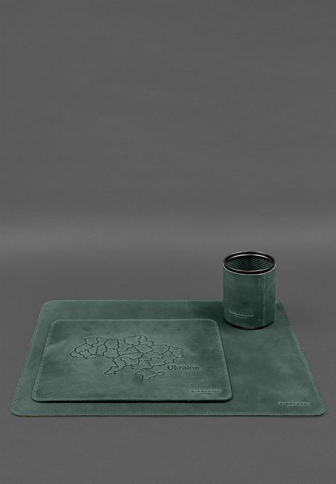 Настольный набор из натуральной кожи  5.0 с картой Украины Зеленый Crazy Horse