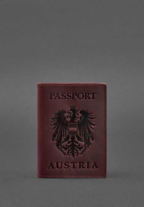 Шкіряна обкладинка для паспорта з австрійським гербом бордова Crazy Horse