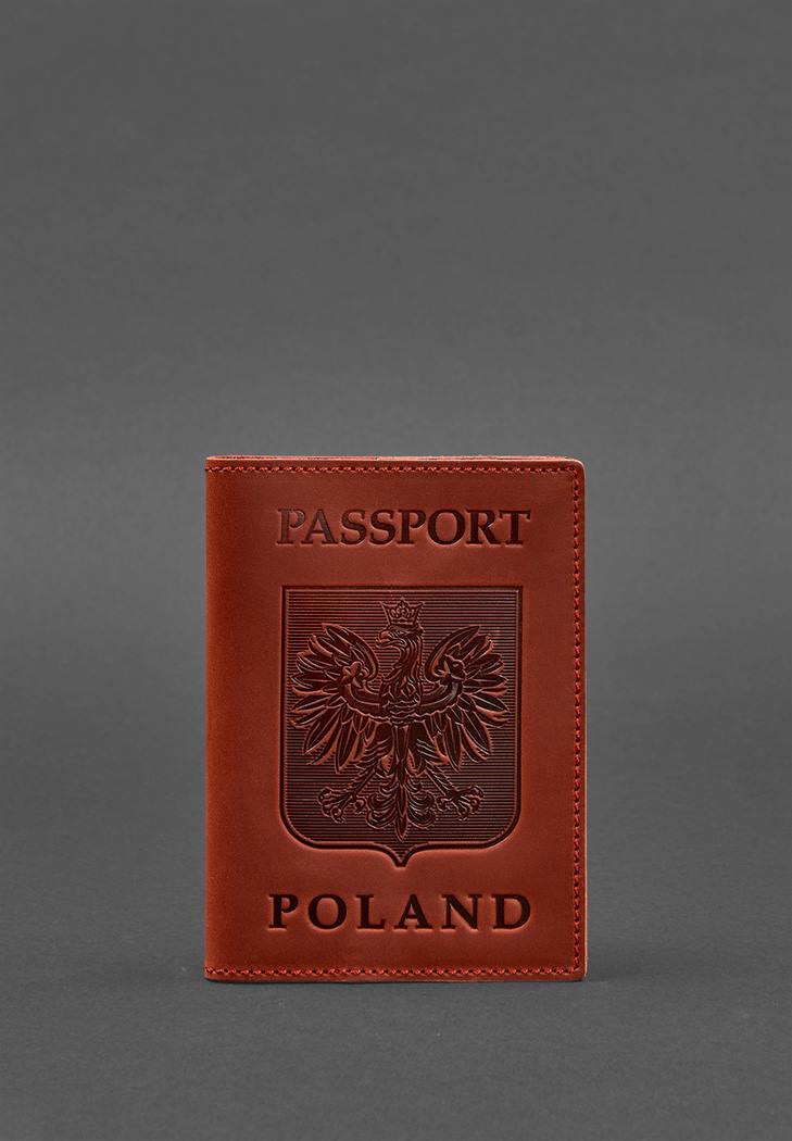 Фото Кожаная обложка для паспорта с польским гербом коралл Crazy Horse (BN-OP-PL-coral)