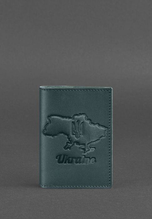Шкіряна обкладинка для паспорта з мапою України зелений краст