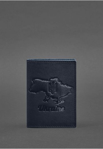 Кожаная обложка для паспорта с картой Украины синий краст