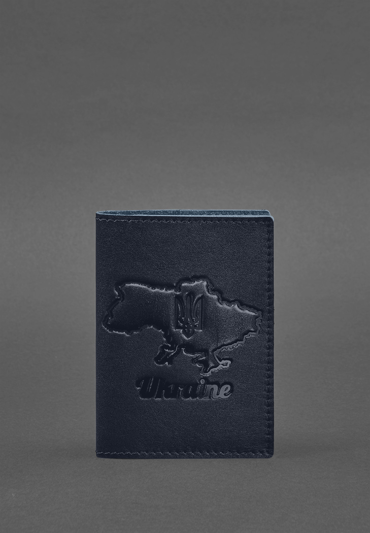Фото Кожаная обложка для паспорта с картой Украины синий краст (BN-OP-UA-M-navy-blue)