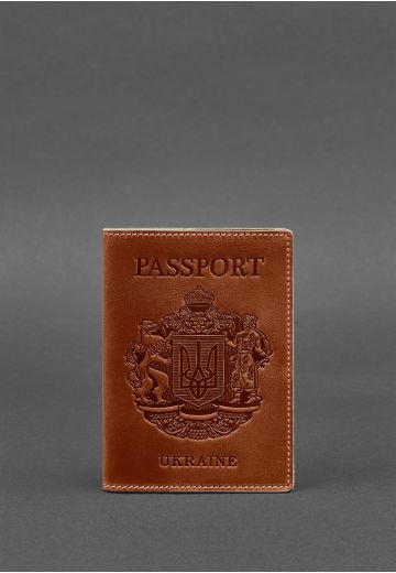 Кожаная обложка для паспорта с украинским гербом светло-коричневая