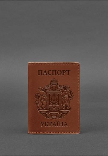 Шкіряна обкладинка для паспорта з українським гербом світло-коричнева