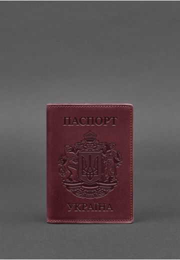 Шкіряна обкладинка для паспорта з українським гербом бордова