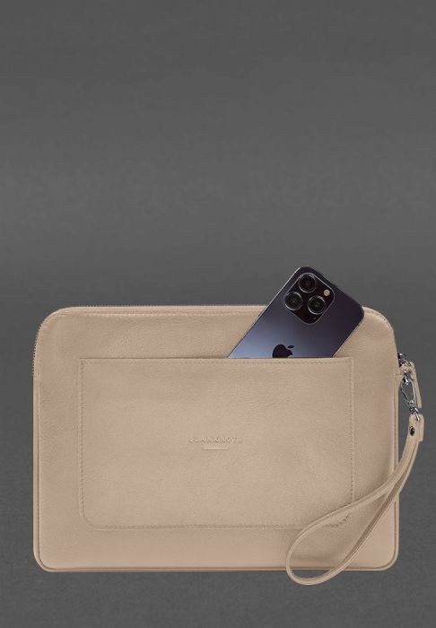 Кожаный чехол для ноутбука на молнии с карманом и петлей на руку Светло-бежевый