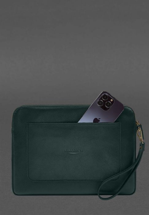 Кожаный чехол для ноутбука на молнии с карманом и петлей на руку Зеленый