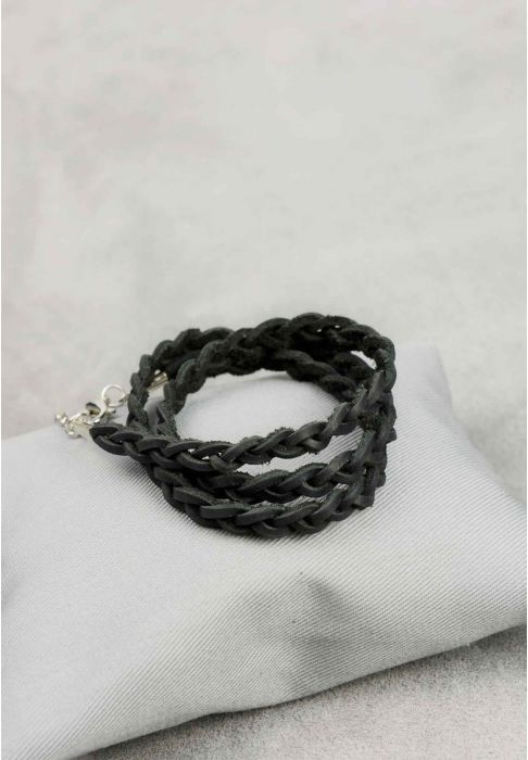Фото Женский кожаный браслет тонкая косичка черный