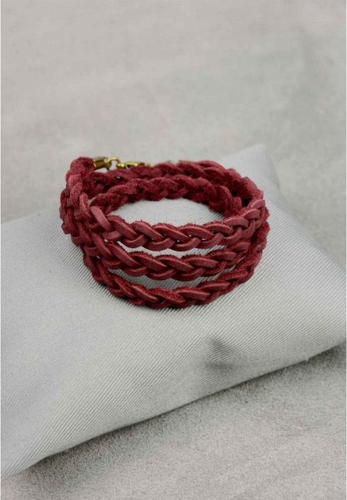 Фото Женский кожаный браслет тонкая косичка бордовый