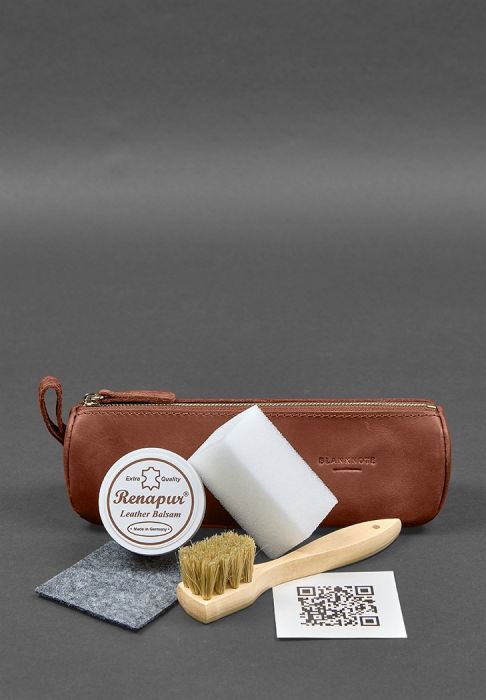 Набор для ухода за кожаными изделиями в кожаном чехле светло-коричневый