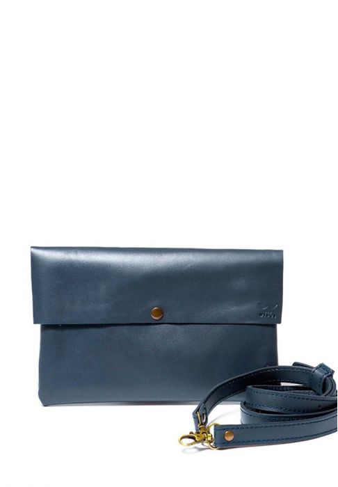 Кожаный клатч со съемной шлейкой синий