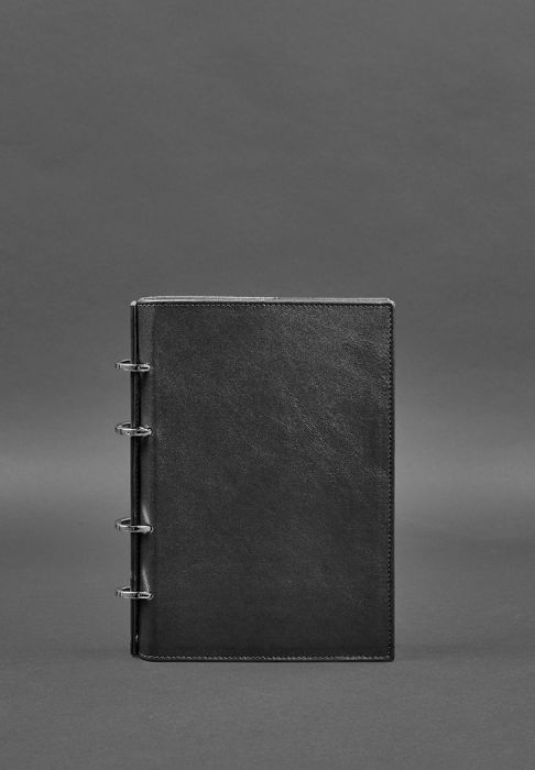 Шкіряний блокнот на кільцях (софт-бук) 9.0 з твердою чорною обкладинкою